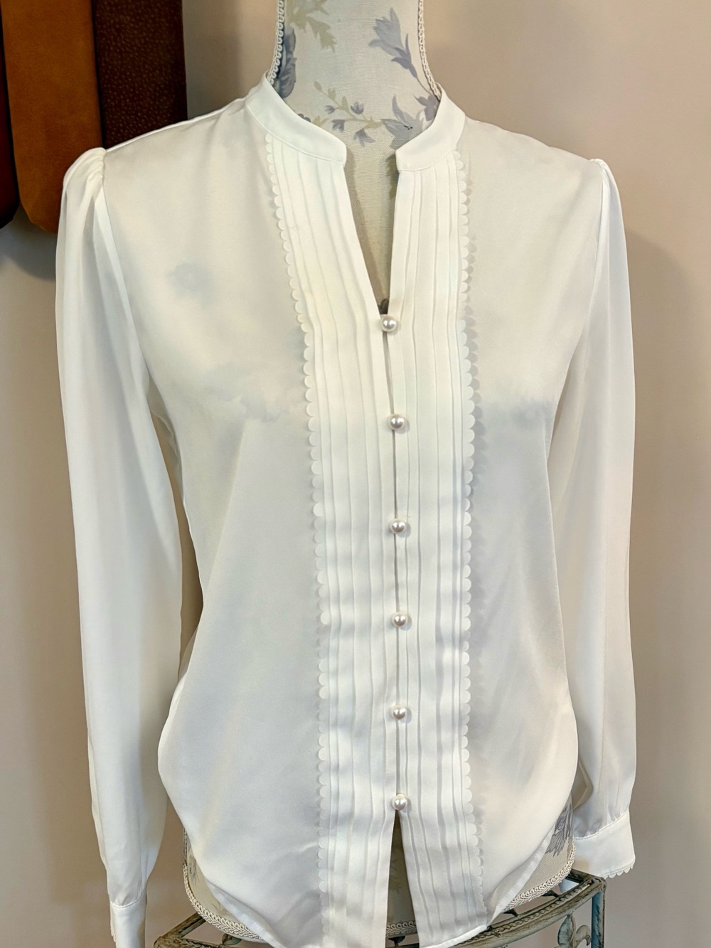 White Karl Lagerfeld Pintuck Blouse with Pearl Buttons